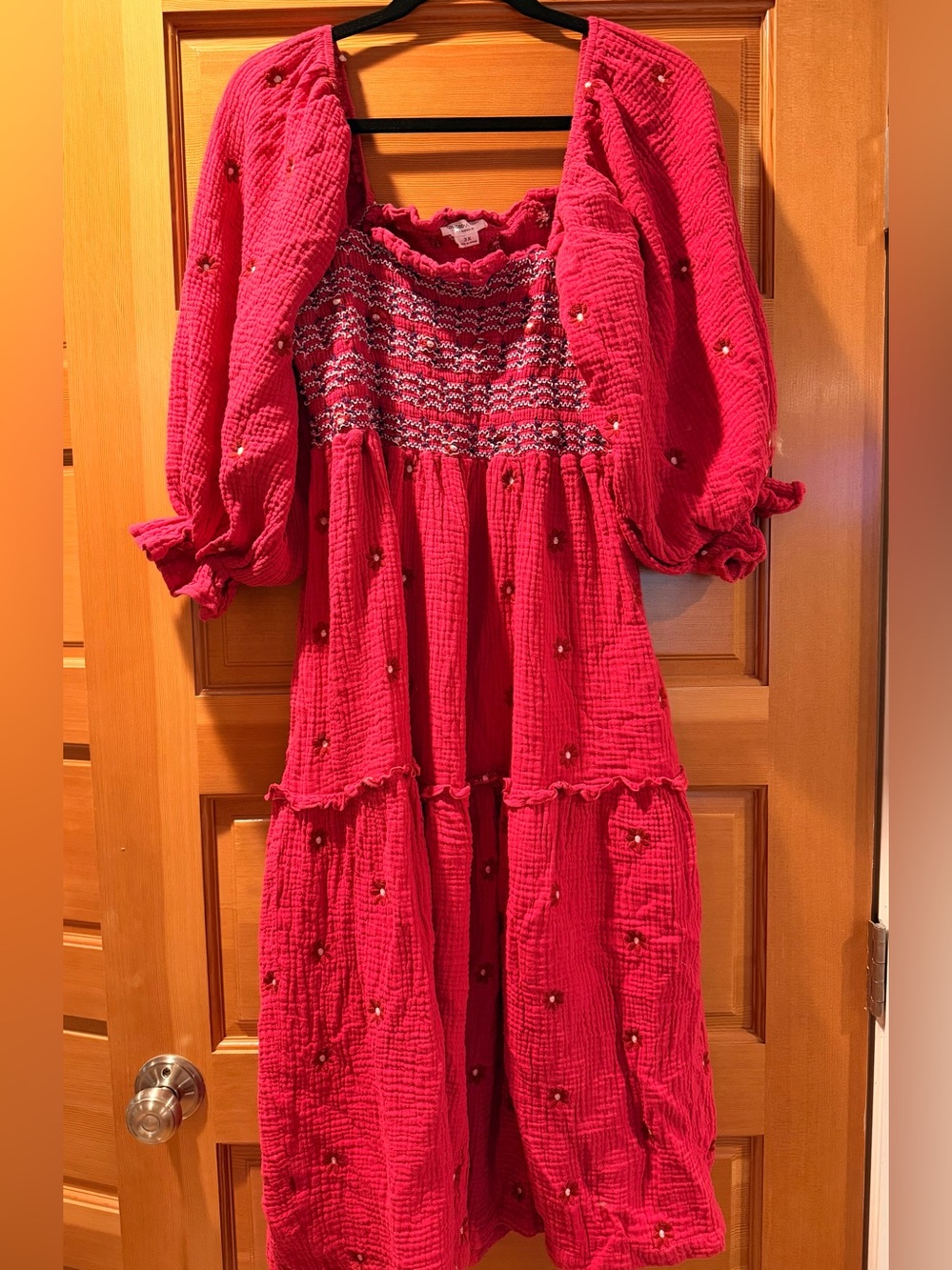 Chic Soul Bright Pink Smocked Tiered Dress with Puff Sleeves